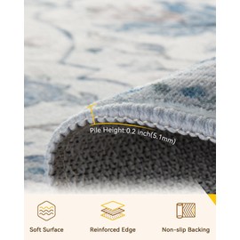 RELEANY Area Rugs 8'x10' Washable Non-Slip, Floral Vintage Distress Print Pattern Medallion Carpet for Living Room Bedroom Dining Room, Light Blue Navy Beige Gray White