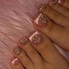 24Pcs Rhinestone Press on Toenails Square Shape Fake Toe Nails Full Cover White French Tips Glue on Toe Nails 3D Gold Bow Acrylic Toe Nails Short Summer False Toe Nails for Women and Girls