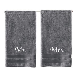 Luxurious Mr. & Mrs. Embroidered Bath Towels. Oversized Bath Towel Set. includes: 1 Mr. Bath Towel and 1 Mrs. Bath Towel. Mr & Mrs Gifts. (Grey)