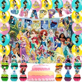 42pcs Princess Party Plates Supplies Pack Includes，Banner，Cake Topper，Blackdrop,Balloons for Princess party decoration