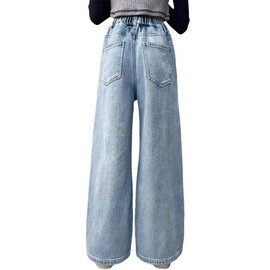 Milokado Kids Girls Baggy Jeans Heart Print Casual Wide Leg Loose fit Denim Pants Size 5-14 Years(Blue-Heart Patch, 14-16 Years)