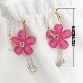 KVANU Elegant Romantic Bohemian Crystal Acrylic Rose Flower Dangle Drop Earrings Exaggerated Sparkly Five Leaves Flower Round Hoop long Tassel Earring for Women Statement Jewelry Gifts (Rose red)
