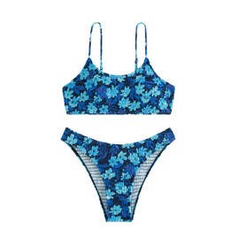 SweatyRocks Women's Floral Print 2 Piece Spaghetti Strap High Cut Bikini Set Smocked Bathing Suit, Blue Floral, Large
