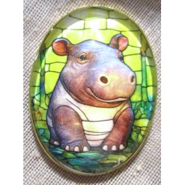 XL GLASS PICT BUTTON "STAINED GLASS" SERIES - CUTEST HAPPY BABY HIPPO  1-1/2 IN