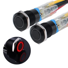 JIQI 2 x 12 mm Locking Pressure Switch 12 V to 24 V 2 A Waterproof Self-Holding Black Push Button Switch Made of Metal LED Illuminated Latch On/Off Switch with IP66 1NO for Motorcycle Boat Truck RV