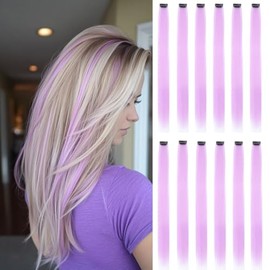 12 extensiones de cabello liso con clip de 22 pulgadas en morado pastel para niñas, con reflejos coloridos para fiestas y regalos (morado pastel)