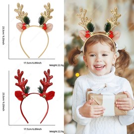 BASEMMAHER 2Pcs Christmas Glitter Reindeer Antlers Headband Red Gold Elk Antlers Xmas Hair Bands Fun Deer Ears Hair Hoop Headwear Hair Accessories for Women Girls Christmas Holiday Party Costume