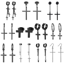 Cupimatch 11 Pairs Cross Dangle Earrings Set, Black Stainless Steel Ear Pierced Stud Huggie Hinged Hoop Hook Earring Jewelry for Men Women (Black)