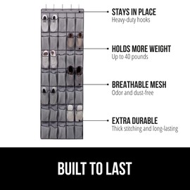 GORILLA GRIP Over the Door Shoe Organizer, 35 Large Breathable Mesh Pockets, Space Saving Hanging Storage Holder, 5 Hook Closet Rack Hanger, Hangs on Closets for Shoes, Accessories 68.5H x 24.5W Gray