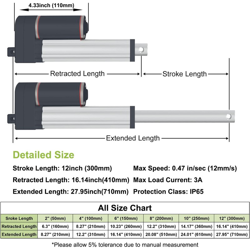 DC12V 12 Inch Stroke Electric Linear Motion Actuator with Momentery