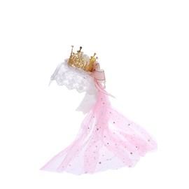 C-105-2 Pink Veil Gold Crown Rose Bow Lace Ruffle Gothic Lolita Party Celebration Hair Accessories Head Accessory