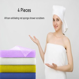 4-Pack African Exfoliating Net Sponge Shower Scrubbers, Deep-Cleansing Bath Cloths for Daily Exfoliation and Dead Skin Removal - Reusable, Quick-Drying Body Scrub Tools, Blue Purple Yellow White