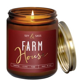 Fall Candles - 'Farmhouse' Autumn Scented Soy Candles for Home, w/Cinnamon, Clove & Pine I Infused with Essential Oils I Farmhouse Décor, 9oz Reusable Jar, 50Hr Burn, Made in USA