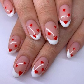 Valentines Press on Nails Medium Almond Fake Nail with Red Heart Designs White French tips False Nail Glossy Heart Nails Reusable Valentines Day Nails for Women Holiday Manicure 24pcs