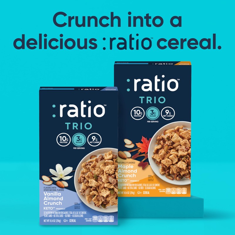 Ratio Trio Maple Almond Crunch Cereal, 10g Protein, Keto Friendly,