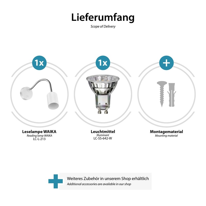 ledscom.de Waika Reading Lamp with Gooseneck and Switch Matte White