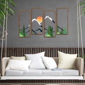 ruelen 4 Pcs Metal Sunset Mountain Forest Wall Art Mountain Line Decor Abstract Minimalist Wall Sculpture Rustic Nature Wall Decor for Home Office Bathroom Bedroom Living Room (Green)