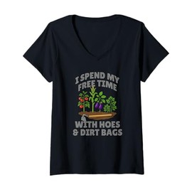 Womens Funny I Spend Free Time with Hoes & Dirt Bags Gardening V-Neck T-Shirt