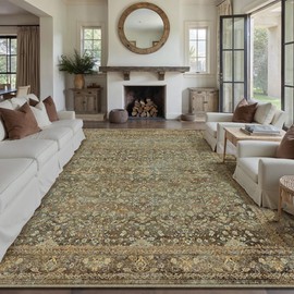 PureCozy Area Rug 8x10 Brown Living Room Machine Washable Vintage Carpet Non Slip Indoor Retro Traditional Accent Throw Large Rug for Office Bedroom Dining Room