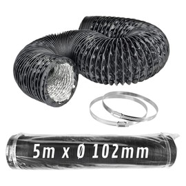 Control Garden Flexible Aluminium Hose, Black, Diameter 102 mm, Length 5 m, Ventilation Duct + 2 Steel Clamps, Flexible Exhaust Hose