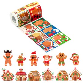 Haooryx 600pcs Christmas Gingerbread Man and House Scene Sticker Rolls Make Your Own Gingerbread House & Gingerbread Man Decals DIY Art Craft Winter Christmas Birthday Party Supply