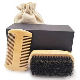 Wooden Beard Comb and Brush Set, Beard Grooming Kit for Men for Styling and Hair Care, Handmade Wooden Comb and Beard Brush for Straightening and Conditioning Beards