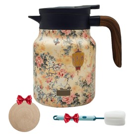 Doresty 1000 ml Stainless Steel Thermal Jug with Vintage Floral Pattern & Integrated Herbal Tea Strainer - Insulated Warming Jug for Hot Drinks, Double Filter Technology + Elegant Design (Yellow)