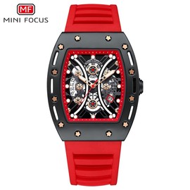 Overbearing wine barrel men's watch arc mirror hollow face sports men's watch - Color: 03 Black shell black face red silicone tape