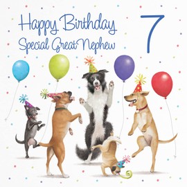 Hunts England - 7th Great Nephew Birthday Card - Dancing Dogs - Special Great Nephew - Age 7 - Funny Boy's 7th Birthday Card - Milo's Gallery - Age Seven