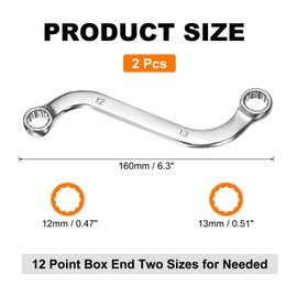 uxcell 2pcs 12mm x 13mm Metric 12-Point S-Style Box Wrench Double End S-Shaped Wrench Chrome Plated 45# Steel S Box Wrenches for Home Auto Bike Repair Machine Maintenance