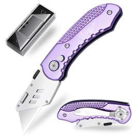 Vickay Folding Utility Knife, Box Cutter with 5 SK5 Quick Change Blades, Safety Axis Lock Design Razor Knife, Lightweight Aluminum Handle Belt Clip for Office Home Artcraft （Light Purple)
