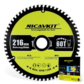 NICAVKIT Diameter 216 x 30 mm Circular Saw Blade for Wood (Saw Blade for Wood, Diameter 216 x 30 x 2.5 mm, 60 Teeth, Accessories Circular Saw) Carbide Teeth Circular Saw Blades, Suitable for Softwood