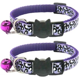 Reflective 2 Pack Breakaway Cat Collars with Bell Leopard Pattern Cute Kitty Adjustable 7.5-12.5 Inch Safe Kitten Collars Charms (Purple)