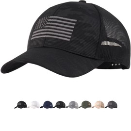 American Flag Trucker Ball Cap – M/L/XL/XXL Sizes Men Women Mesh-Back Snapback Baseball Hat, Blackcamo, One Size
