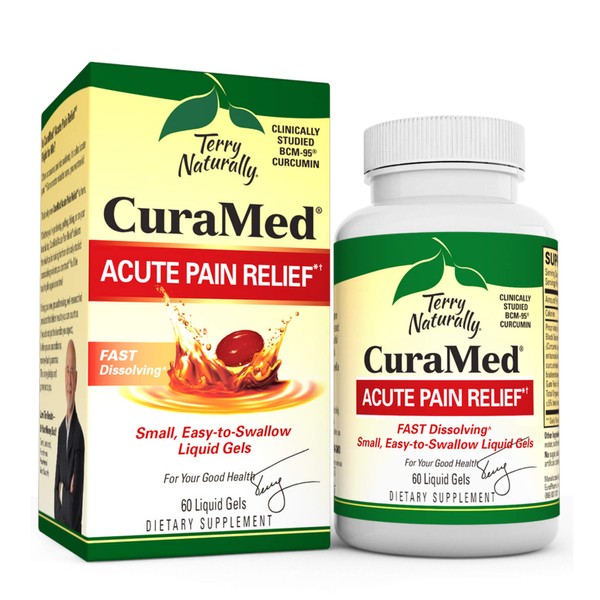 Terry Naturally CuraMed Acute Pain Relief, 60 Liquid Gels - with BCM-95 Curcumin, BOS-10 Boswellia & Black Sesame Seed Oil - Small, Easy to Swallow, Fast Dissolving - Non-GMO - 30 Servings