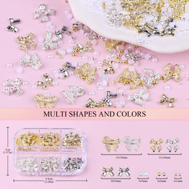3D Metal Bowknot & AB Pearl and Mini Beads Nail Art Kit - Gold/Silver Alloy Bowknot, 1-2mm Stainless Steel Caviar Beads, 3mm Half Pearls for Professional Salon & DIY Manicure Jewelry Designs (Set 1)