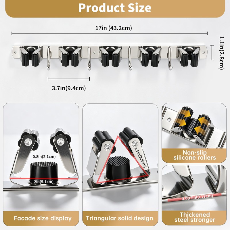 Fenas Broom Holder Wall Mount, Mop Organizer, 5 Racks, 4