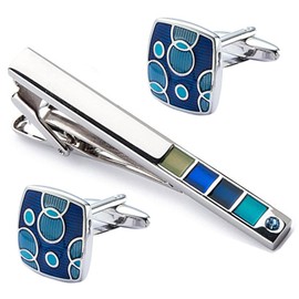 Rockyu Tie Bar Cufflinks Set Men's cufflinks for dress shirts geometric pattern silver copper blue enamel crystal accents business wedding Father's Day gift