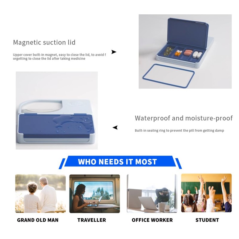 Pill Reminder，Pill Dispenser with Alarm，Equipped with Magnifying Glass，4 Reminder Alarms,