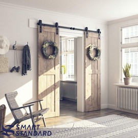 SMARTSTANDARD 6.6 FT Double Barn Door Hardware Kit, Sliding Door Track-Smoothly and Quietly -includes Detailed Installation Fit 20" Wide Doorpanel (J Shape Hanger) Black