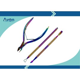 Professional Manicure and Pedicure Set, Double-Ended with Knurled Grip, Rainbow Titanium Coated - Cuticle Pushers - Premium German Stainless Steel (3PK - Cuticle Pusher+Trimmer Pliers+Scrapper)