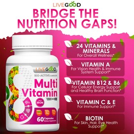 LIVEGOOD™ Women's Bio-Active Complete Multivitamin with Iron, Vitamin A, B12, C, E, Lycopene, Vegan, 60 Capsules