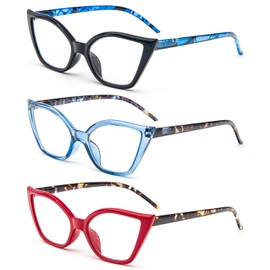 DXYXYO Cat Eye Reading Glasses for Women 3 Pack Anti Blue Light Computer Readers Stylish Retro with Spring Hinge, 1.0+, Black leopard+red leopard+blue leopard