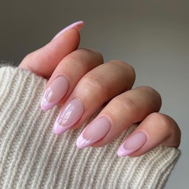 Press on Nails Almond Shaped Fake Nails Pink French Tip False Nails Medium Nude Pink French Stick on Nails Artificial Glossy Acrylic Nails Matte Glue on Nails Reusable Manicure for Women Girls