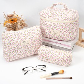 Cotton Makeup Bag Floral Quilted Cosmetic Pouch Large Capacity Flap Handheld Travel Cosmetic Bag Kawaii Coquette Aesthetic Floral Toiletry Bag for Women Girls (Tulips-Pink)