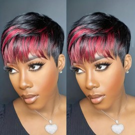 Flandi Pixie Cut Wigs for Black Women Pixie Cut Wig Human Hair Short Layered Wigs Full Machine Made Short Haircut Wig Glueless with Bangs Black with Brown 1B99J