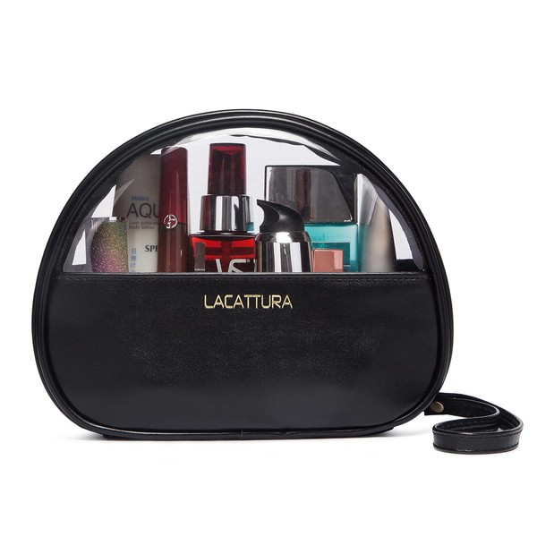 LACATTURA Clear Travel Makeup Bag, Small Vegan Leather Cosmetic Organizer, Transparent Toiletry Beauty Bag, Portable Zipper Pouch Storage Bag for Women/Girls, Black