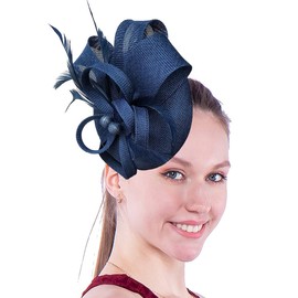 Coolwife Womens Fascinator Hat Sinamay Pillbox Flower Feather Tea Party Derby Wedding Headwear (AA Navy Blue)