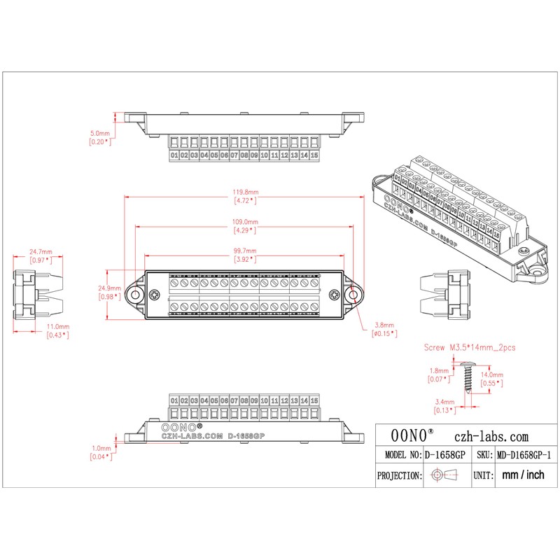 16Amp 300V 15x2 Position Terminal Block Distribution Module. OONO D-1658GP