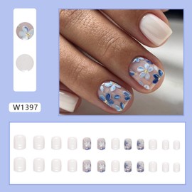 Flower Press on Nails Short Square Fake Nails Glossy White Pink Acrylic Flower Glue on Nails with Vintage Oil Painting Design Reusable False Nails Flower Stick on Nails For Women Manicure 24pcs…
